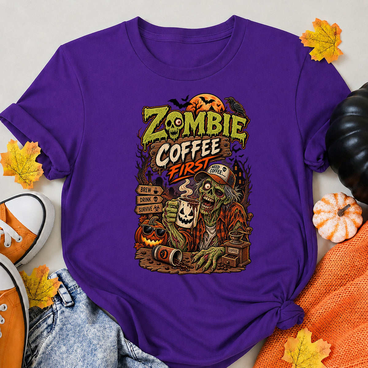 Zombie Coffee First Funny Halloween Coffee Lover Retro T-Shirt Halloween Shirt in Blue – alternate view