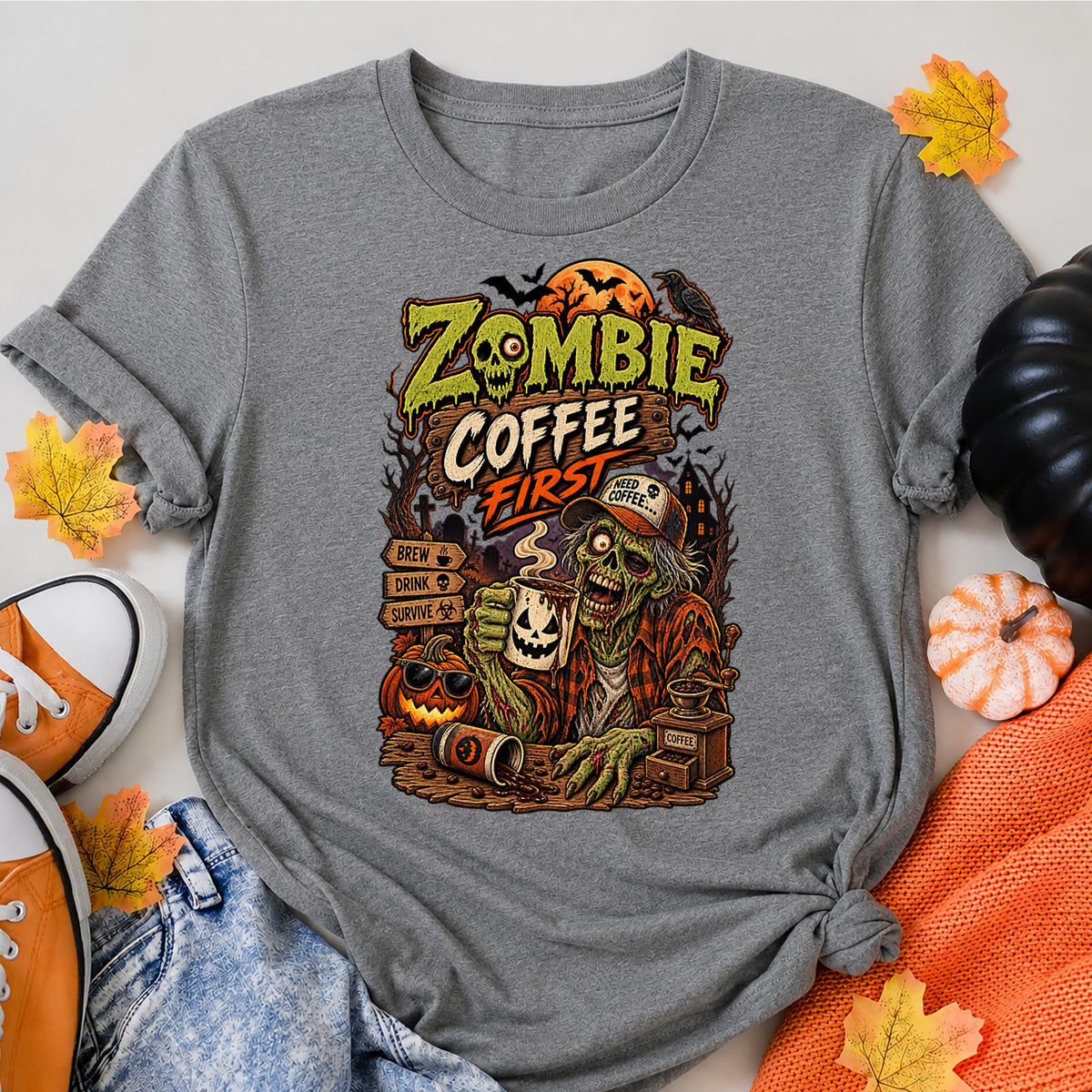 Zombie Coffee First Funny Halloween Coffee Lover Retro T-Shirt Halloween Shirt in Grey – alternate view