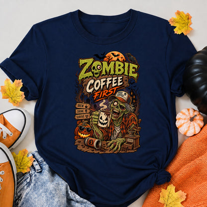 Zombie Coffee First Funny Halloween Coffee Lover Retro T-Shirt Halloween Shirt in Navy – alternate view
