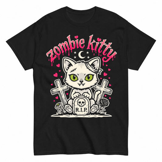 Zombie Kitty Cute Pastel Goth Halloween Cat Halloween Shirt in Black – product view
