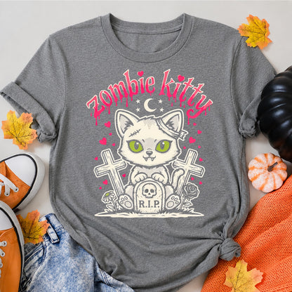 Zombie Kitty Cute Pastel Goth Halloween Cat Halloween Shirt in Grey – alternate view