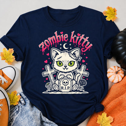 Zombie Kitty Cute Pastel Goth Halloween Cat Halloween Shirt in Navy – alternate view